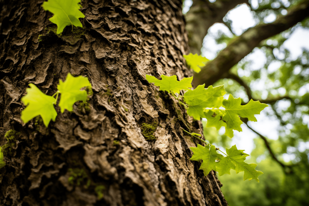 a ground-up photograph of a pin white oak tree that's recovered through plant health care. courtesy of midjourney